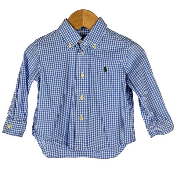 POLO RALPH LAUREN BABY LONG SLEEVE BLUE CHECKERED SHIRT SIZE 12 MONTHS - Picture 1 of 5
